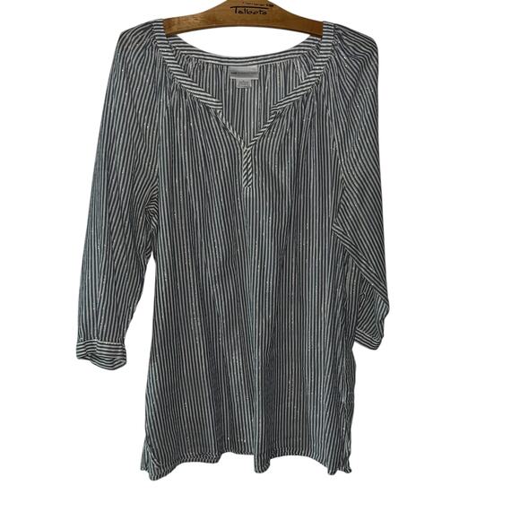 Liz Claiborne Navy White Striped Metallic Thread Tunic Top Size L Peasant Blouse - Picture 5 of 9